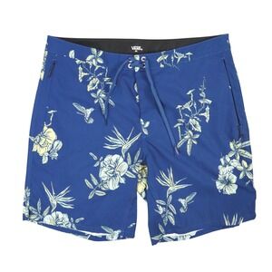 Vans Board Shorts Mens 34 Blue Floral Hummingbird Swim Trunks Surf Beach Summer